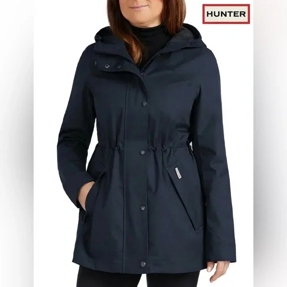 Hunter Cotton Smock Jacket Navy Water Resistant Hooded Women’s XS Mid-Length - Picture 1 of 10